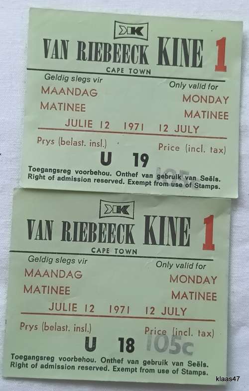 Van Riebeeck Kine 1 (Cape Town) - July 1971 - Monday Matinee - 2 Tickets