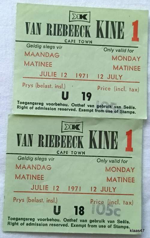 Van Riebeeck Kine 1 (Cape Town) - July 1971 - Monday Matinee - 2 Tickets
