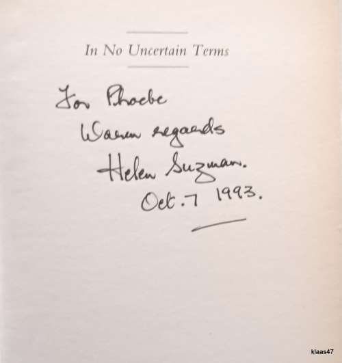Helen Suzman Memoirs - In No Uncertain Terms - Hardcover **Signed copy**
