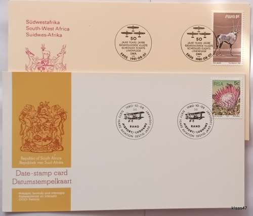 Date Stamp Cards - RSA 1980 50 Years Aviation and SWA 1981 50 Years Scheduled Flights