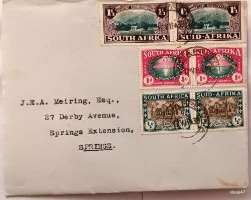 Union of South AFrica - 1939 - 3 Pairs of stamps on envelope with Union Crest on back