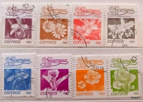 Nicaragua - 1983 - Flowers - 8 Cancelled Hinged stamps