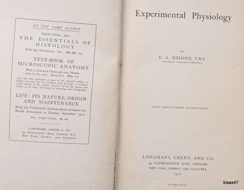 Experimental Physiology - A E Schafer - Hardcover 1912