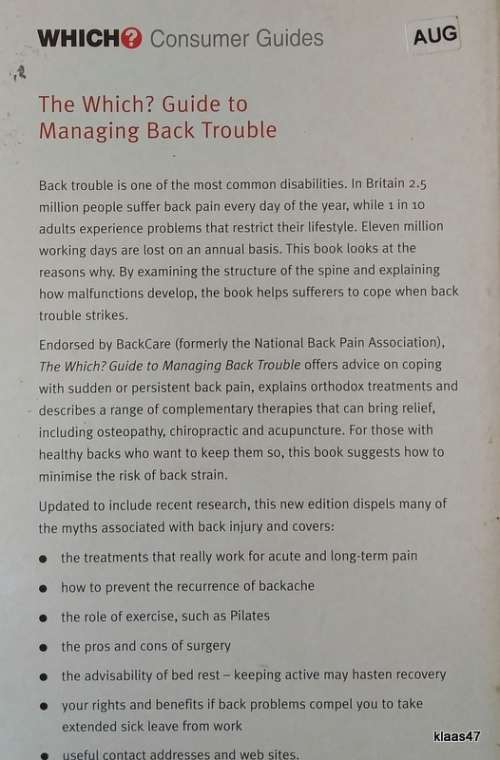 The Which? Guide to Managing Back Trouble - Dr Harry Brown - Paperback 2001  Revisions by Dr J Sager