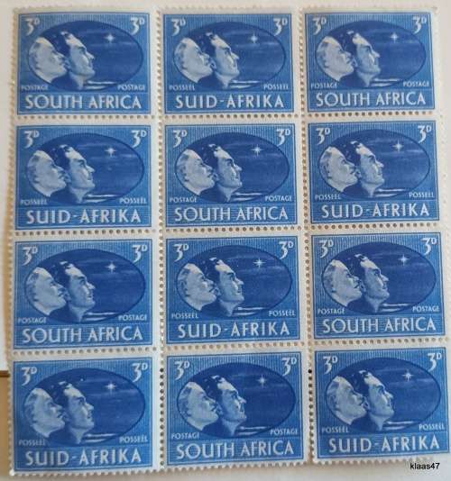 Union of South Africa - Victory - 3d - Block of 12 Unused stamps (lines over girl`s face bottom left