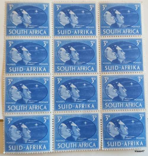 Union of South Africa - Victory - 3d - Block of 12 Unused stamps (lines over girl`s face bottom left