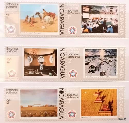 Nicaragua - 1975/76 - 1c 2c 3c North America`s Bicentennial - 3 Pairs Unused Hinged stamps