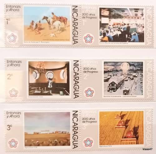 Nicaragua - 1975/76 - 1c 2c 3c North America`s Bicentennial - 3 Pairs Unused Hinged stamps