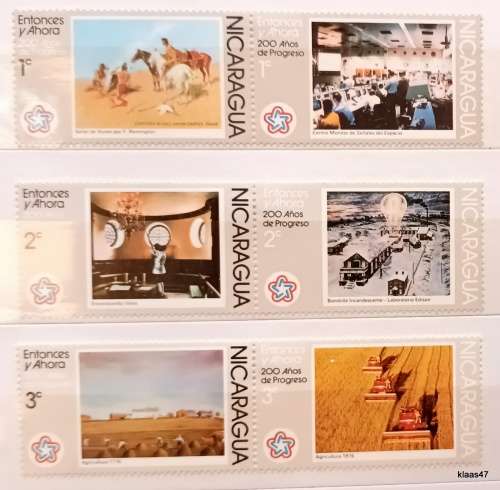 Nicaragua - 1975/76 - 1c 2c 3c North America`s Bicentennial - 3 Pairs Unused Hinged stamps