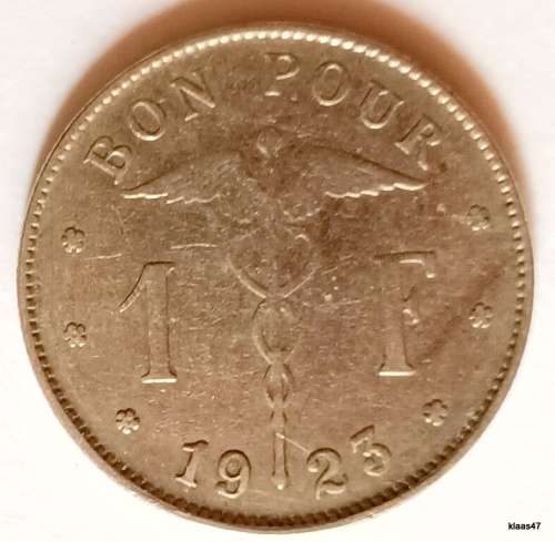 Belgium - 1923 - 1 Franc (French text) - Nickel