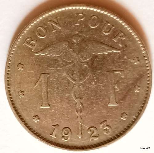 Belgium - 1923 - 1 Franc (French text) - Nickel