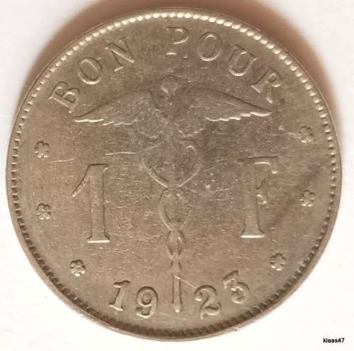 Belgium - 1923 - 1 Franc (French text) - Nickel