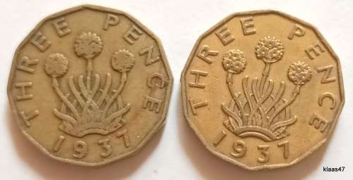 GB - George VI (with `IND:IMP`) - 2 x 1937 - Three Pence - Nickel brass