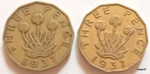 GB - George VI (with `IND:IMP`) - 2 x 1937 - Three Pence - Nickel brass