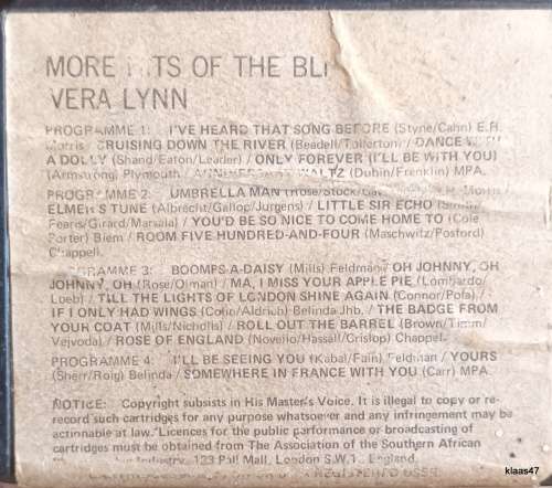 More Hits of the Blitz - Vera Lynn - 8 Track Stereo Cartridge