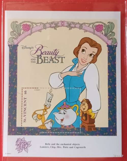 St Vincent - 1992 - Disney (Belle and Friends) Commemorative Sheet - Issue No. 7425 with Certificate
