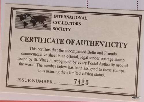 St Vincent - 1992 - Disney (Belle and Friends) Commemorative Sheet - Issue No. 7425 with Certificate