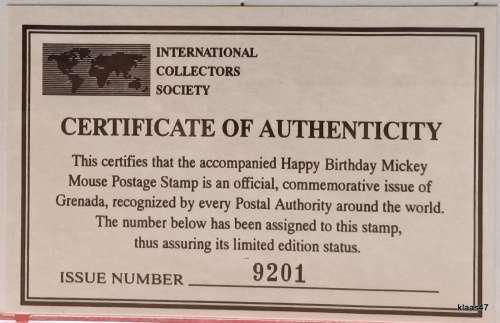 Grenada - Disney (Happy Birthday Mickey Mouse) Commemorative Sheet - Issue No. 9201 with Certificate