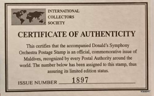 Maldives - 1995 - Disney (Donald`s Symphony Orchestra) Commem Sheet - Issue No 1897 with Certificate