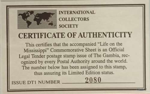 The Gambia - 1985 - Disney (Life on the Mississippi) Commem Sheet - Issue No. 2080 with Certificate