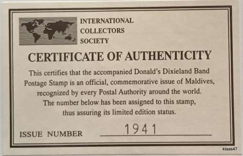 Maldives - 1994 - Disney (Donald`s Dixieland Band) Commem Sheet - Issue No. 1941 with Certificate