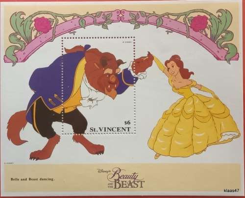 St Vincent - 1992 - Disney (Belle and Beast) Commemorative Sheet - Issue No. 6055 with Certificate