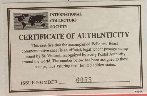 St Vincent - 1992 - Disney (Belle and Beast) Commemorative Sheet - Issue No. 6055 with Certificate