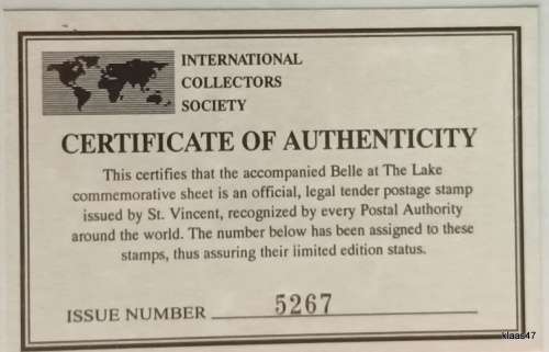 St Vincent - 1992 - Disney (Belle at the Lake) Commemorative Sheet - Issue No. 5267 with Certificate