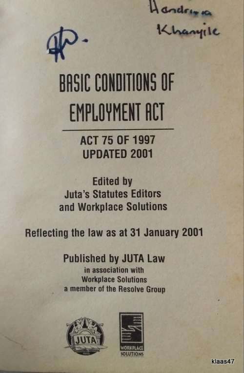 Basic Conditions of Employment Act 75 of 1997 Updated 2001 - Juta Pocket Statutes (Paperback)