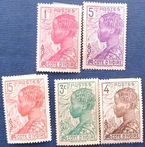 French West Africa - Ivory Coast - 1936 - Definitive: Baoulé Woman - 5 Unused Hinged stamps