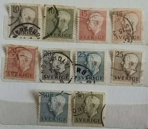 Sweden - 1951 - King Gustaf VI Adolf of Sweden - 10 Used (some Hinged) stamps