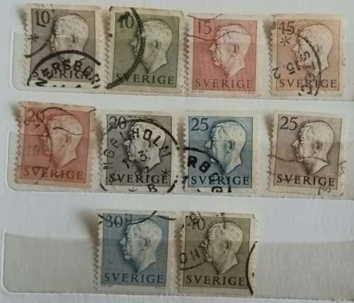 Sweden - 1951 - King Gustaf VI Adolf of Sweden - 10 Used (some Hinged) stamps