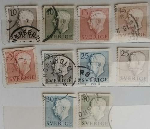 Sweden - 1951 - King Gustaf VI Adolf of Sweden - 10 Used (some Hinged) stamps