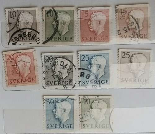 Sweden - 1951 - King Gustaf VI Adolf of Sweden - 10 Used (some Hinged) stamps