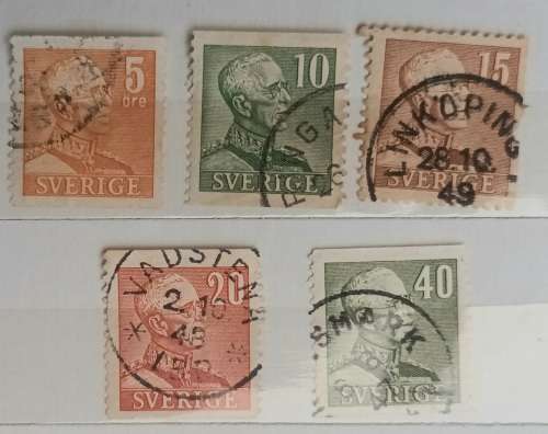 Sweden - 1948 - King Gustav V - 5 Used stamps