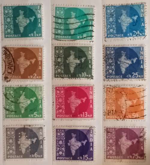 India - 1958 - Definitive Map - 12 Used stamps