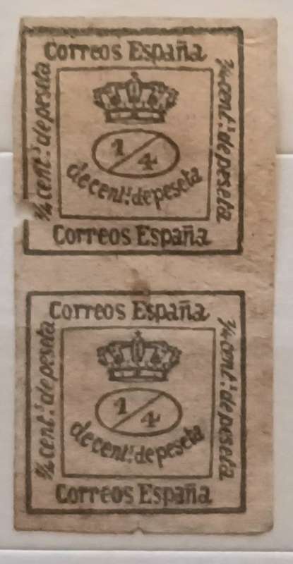 Spain - 1873 - Royal Crown - 1/4 de céntimo de peseta - Pair of Unused Imperforate stamps
