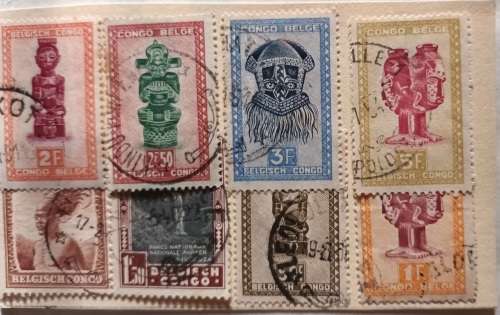 Belgian Congo - Mixed Lot of 8 Used Hinged stamps (On Card)