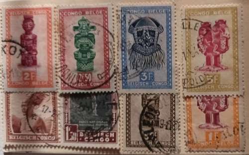 Belgian Congo - Mixed Lot of 8 Used Hinged stamps (On Card)
