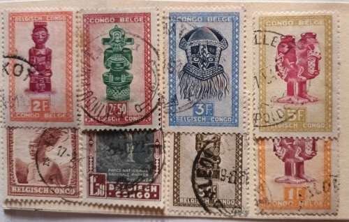 Belgian Congo - Mixed Lot of 8 Used Hinged stamps (On Card)