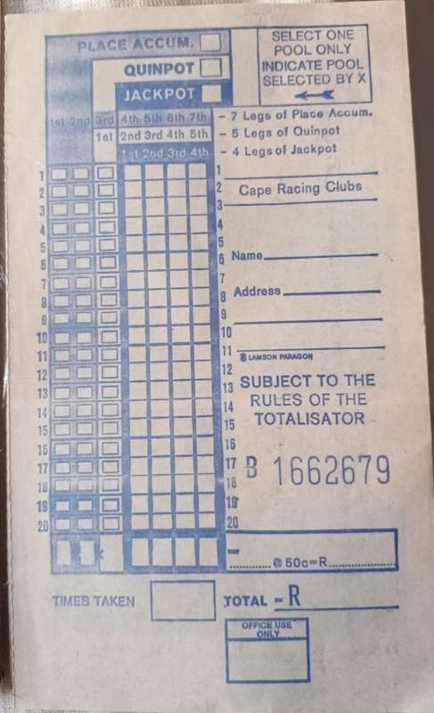 Cape Racing Club - Unused Jackpot/Quinpot Form (Post 1960 (Decimal)) No. B1662679