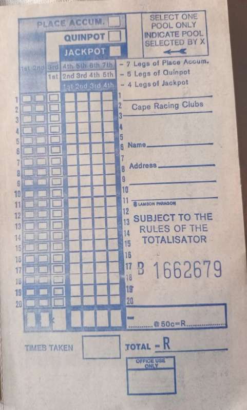 Cape Racing Club - Unused Jackpot/Quinpot Form (Post 1960 (Decimal)) No. B1662679