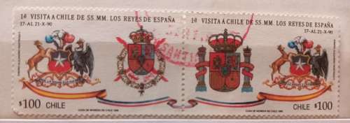 Chile - 1990 - Arms of King & Queen of Spain - Pair of cancelled stamps