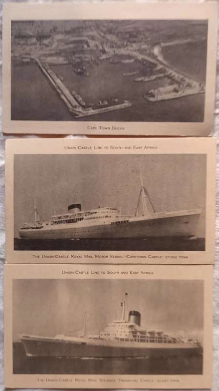 Three (3) Ships Cards - Cape Town Docks, Transvaal Castle, Capetown Castle (Standard Post Card size)