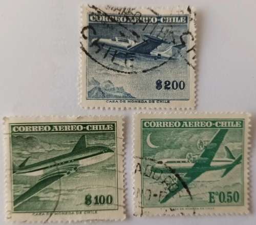 Chile - 1962-67 - Aviation Aircraft -  3 Used Airmail stamps
