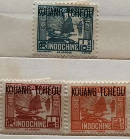 French Indochina - 1937 - Local Motif: Junk - overprint `KOUANG TCHÈOU` - 3 Unused Hinged stamps