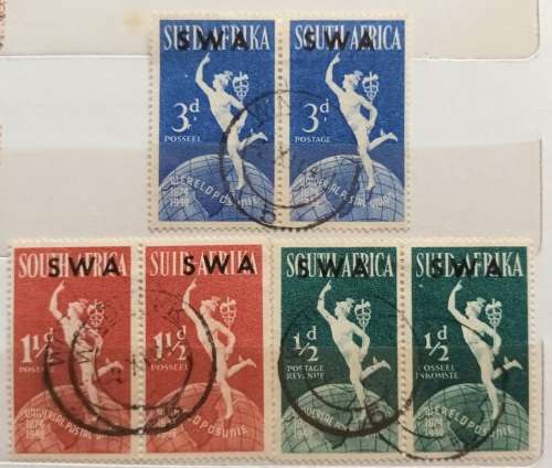 South West Africa - 1949 - UPU - Overprint on South Africa stamps - Set of 3 Used Hinged pairs