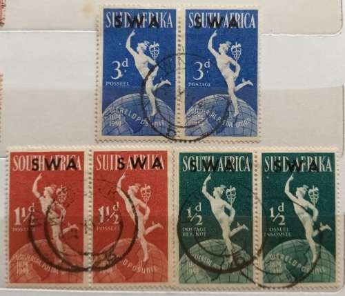 South West Africa - 1949 - UPU - Overprint on South Africa stamps - Set of 3 Used Hinged pairs