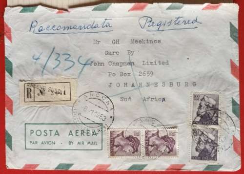 Airmail Registered Letter - 1963 - From Italy to South Africa