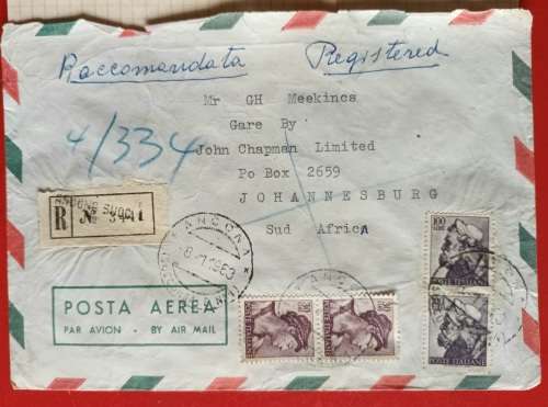 Airmail Registered Letter - 1963 - From Italy to South Africa